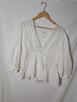 Free People Cotton White Lace-Trim Peasant Top Women Size Large
