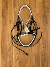 Dressage Bridle, black patent leather with white, Warmblood, NWT 