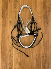 Dressage Bridle, black patent leather with white, Warmblood, NWT 