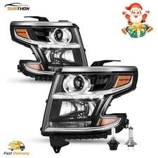 Headlights For 2015 16 17 -2020 Chevy Tahoe Suburban Chrome Lamps LH+RH LED DRL