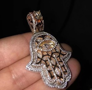 Authentic 2Ct Round Cut Real Moissanite Hamsa Hand Evil Pendant 14K Rose Gold Plated 925