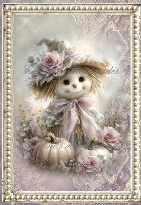 Shabby Chic Scarecrow Pumpkins & Roses Cotton Fabric Quilt Block Multi-size