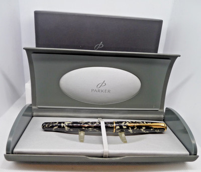 Parker 1993 Sonnet Fountain Pen--gray marble laque with gold trim-18k BROAD nib