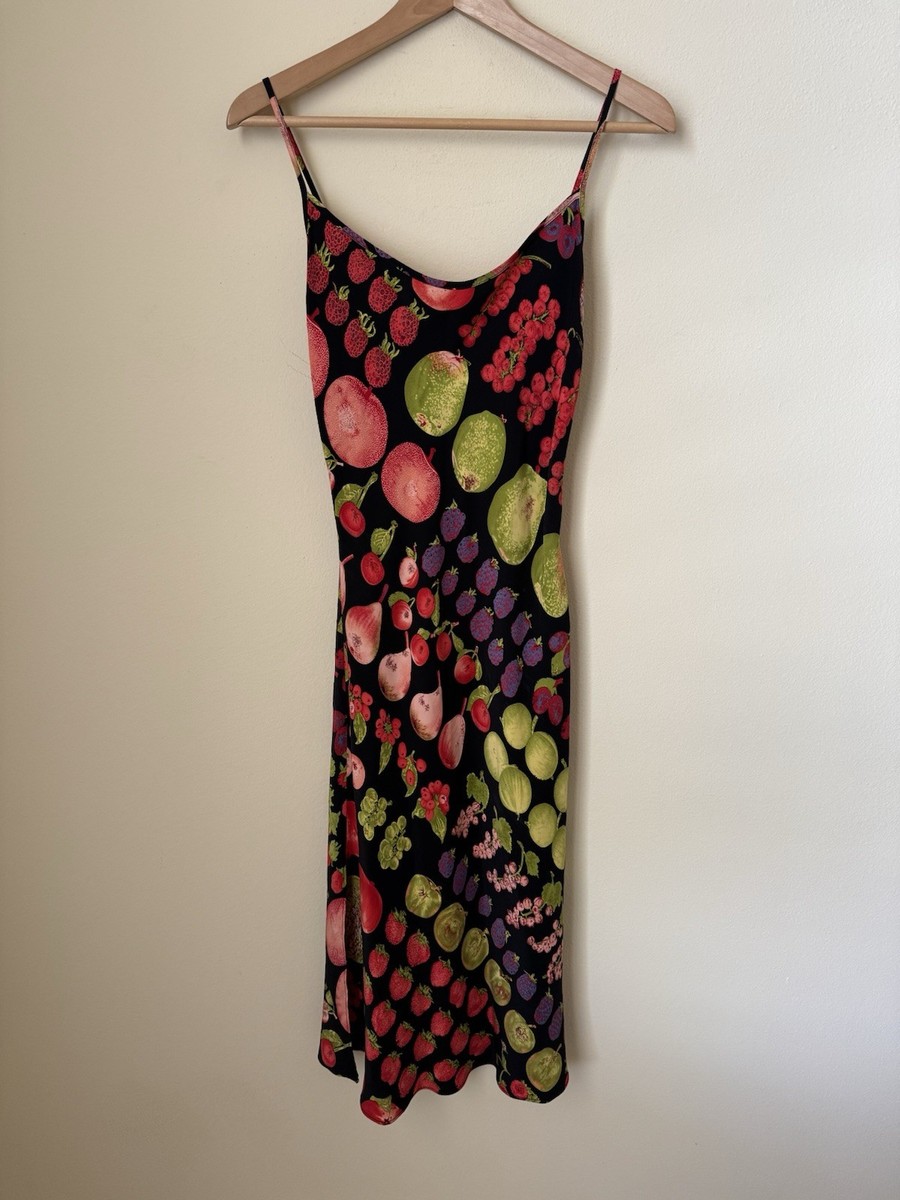 Betsey Johnson Fruit Print Dress Silk Black Multicolor Size 6 Betsey Johnson Fruit Print Dress Silk Black Multicolor Size 6