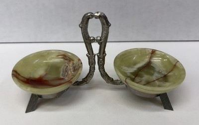 Vintage Green Onyx Double Salt Cellar Condiment Dish W/Metal Handle Art Deco