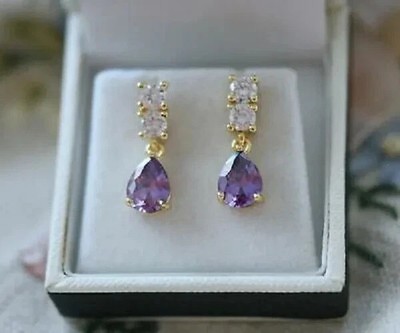 3Ct Amethyst White Sapphires Drop/Dangle Earrings 14K Yellow Gold Over