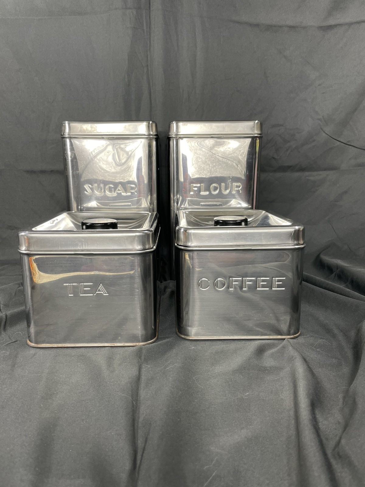 Vintage Kreamer Ware Canister Set Of 4 Chrome Silver Tin MCM Retro