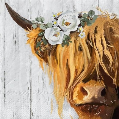 (2) Two Paper Lunch Napkins for Decoupage/Mixed Media - Highland Cow white flwrs