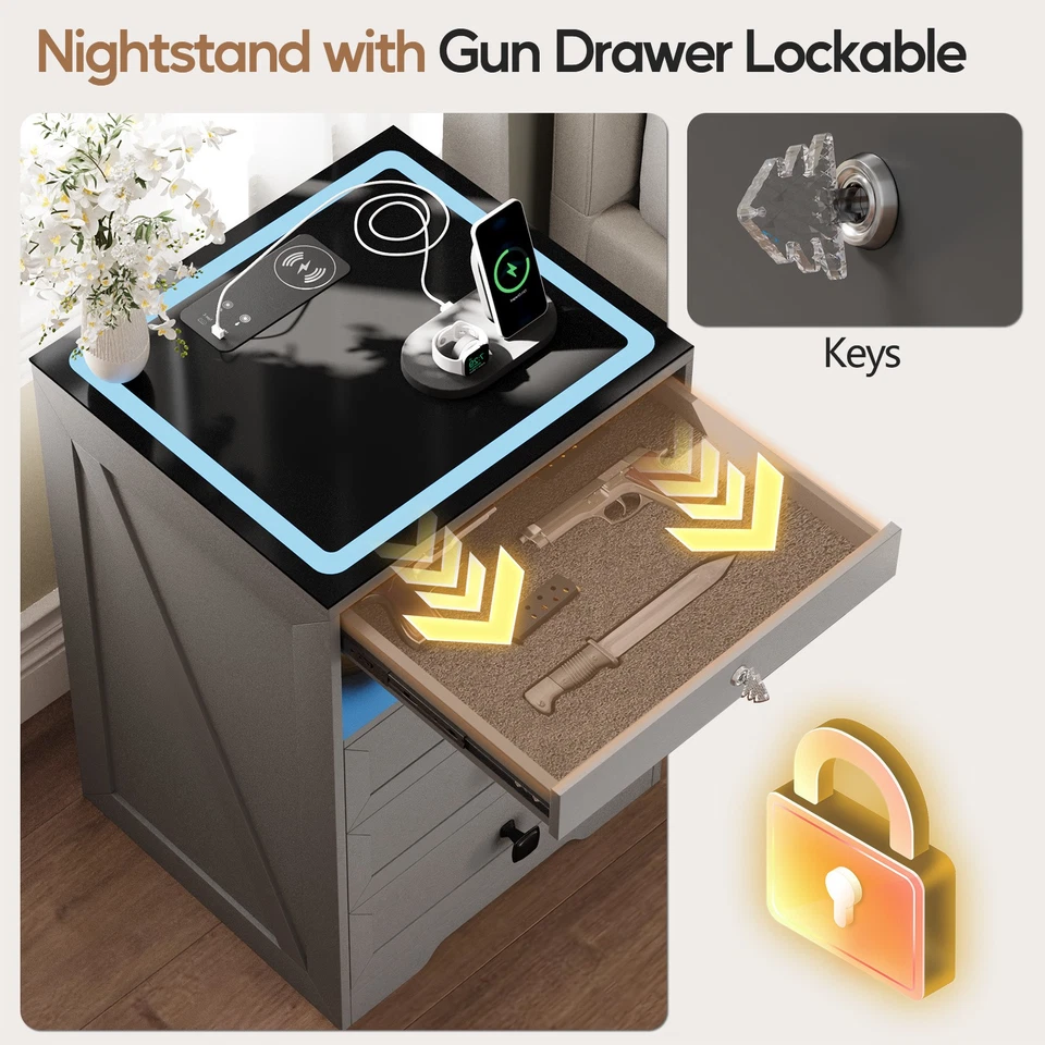Mesita de Noche Gurexl con Cajón para Pistola y Estación de Carga - 3 Luces LED Colores, Gris Foto 3 de 4
