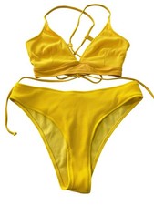 Zaful Ribbed Two Piece Bikini Set Size Large/XL Swimsuit Yellow Summer Beachwear
