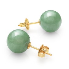 Natural 10mm Green Round Jade Stud Earrings in 14k Yellow Gold, Push Back, Je...