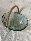 Vintage Indiana Glass Green Fruit Embossed Fruit Bowl Basket With Rattan Handle