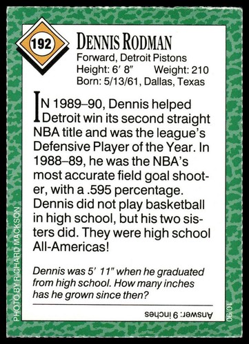 1990 Sports Illustrated for Kids #192 Dennis Rodman - Picture 2 of 2