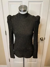 SMYTHE Black Gold Glitter Puff Sleeve Mock Neck Top, Size Small