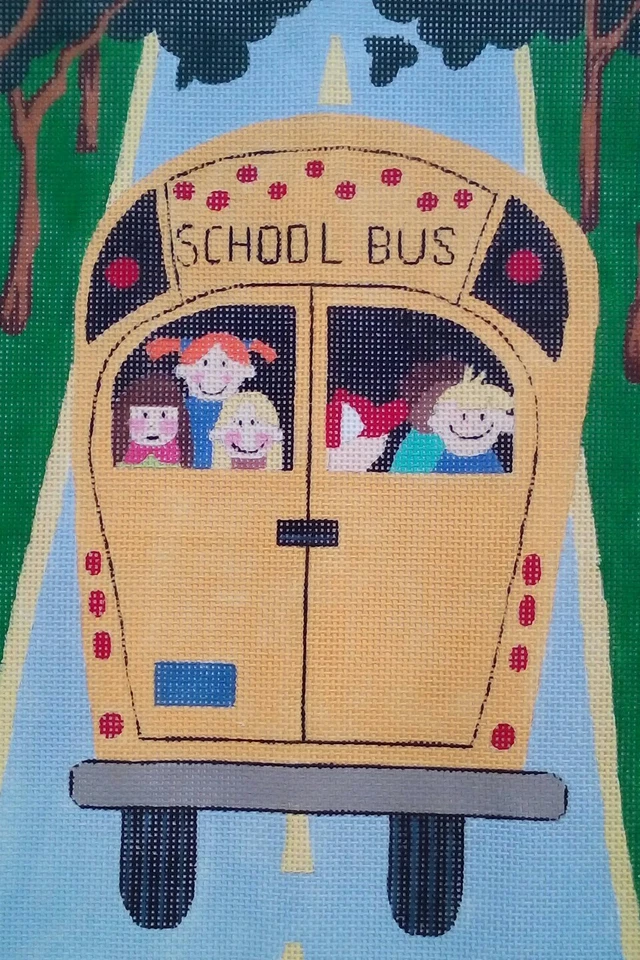 Needlepoint HP handpainted canvas YELLOW SCHOOL BUS kids back window 13"x13" 13m - Image 2 of 4