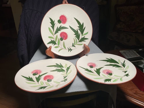 3 STANGL pink THISTLE pattern SALAD PLATES - 8”