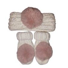 Baby Girl Plush Knitted Headband and Mittens Set Ivory with Pink Fuzzy Pom Poms