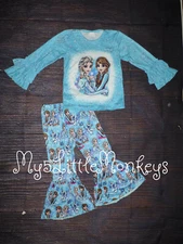 NEW Boutique Frozen Ana Elsa Girls Bell Bottom Outfit Set 