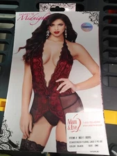 Seven 'til Midnight Lace Overlay & Mesh Chemise, Garter Straps, Thong - Black