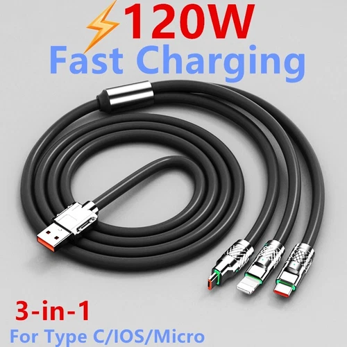 CAVO DI RICARICA CELLULARE 6A 120W TIPO TYPE C IPHONE MICRO USB CAVETTO 3 IN 1