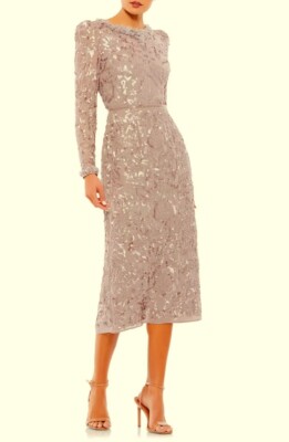 Mac Duggal Mauve Floral Ruffle Neck Long Sleeve Sequin Midi Dress Size 14  $498 | eBay