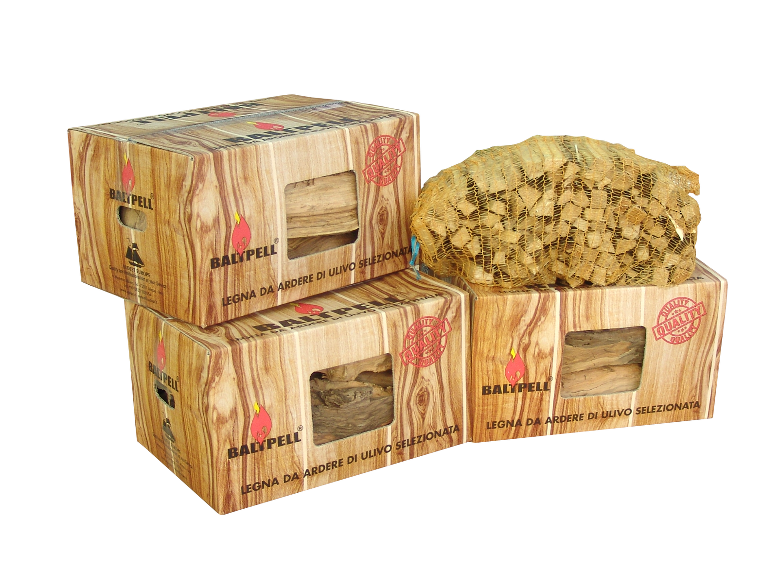 BALTPELL Set Legna da Ardere Ulivo 10Kg-3 cartoni 30Kg+Legnetti accendifuoco 3kg