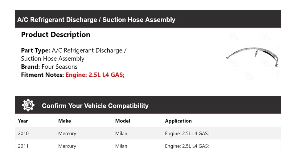 Conjunto de manguera de succión/descarga de refrigerante aire acondicionado Mercury Milan 2010-11 4 estaciones Foto 2 de 4