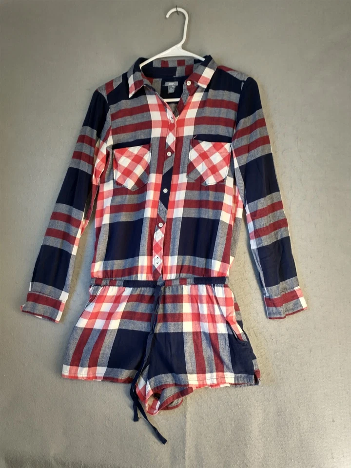 Mono mameluco Aerie para mujer pequeño rojo azul a cuadros manga larga cuello informal Foto 3 de 4