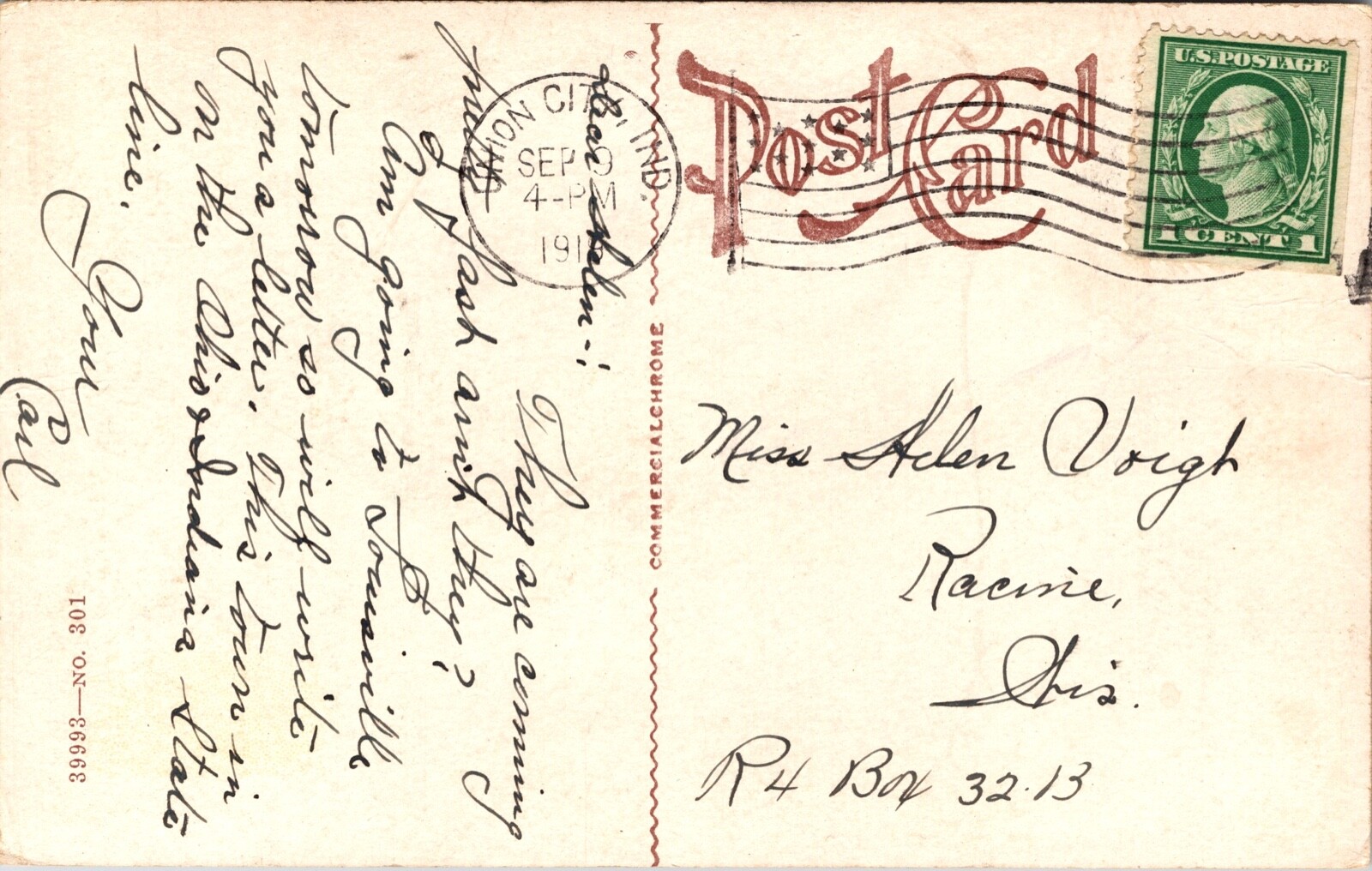 Postcard Columbia Street in Union City, Indiana thumbnail 2