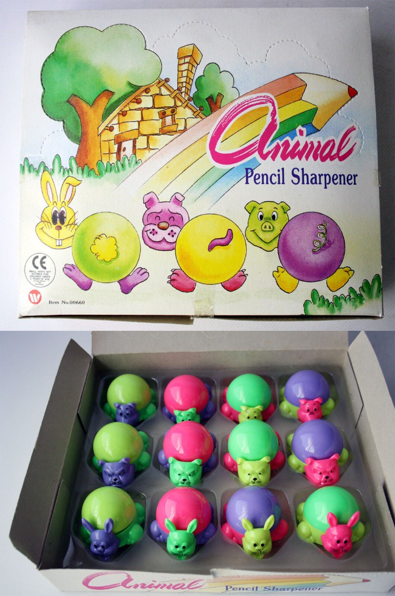 FULL BOX OF 12X VINTAGE 90'S ANIMAL PENCIL SHARPENER STATIONERY