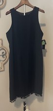 Studio I Dress Black LBD Sheath Asymmetrical Beaded Fringe Button Back 14 NWT
