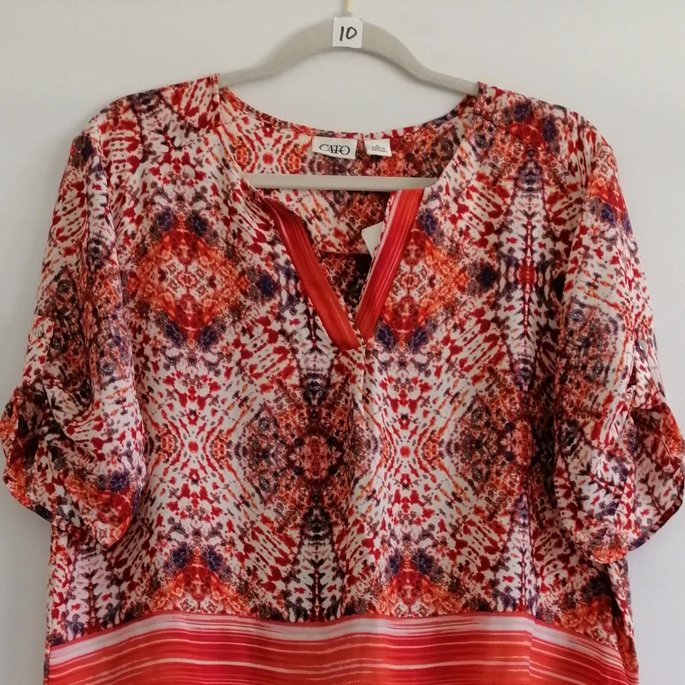 Blusa Top Cato Para Mujer Roja Manga con Pestaña Redonda Dobladillo Alto Bajo a Rayas Talla L Nueva con Etiquetas Foto 2 de 4