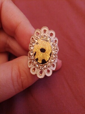 Beautiful Gold Plated Ring With Animal Print In Gold. White Loops Adjustable 