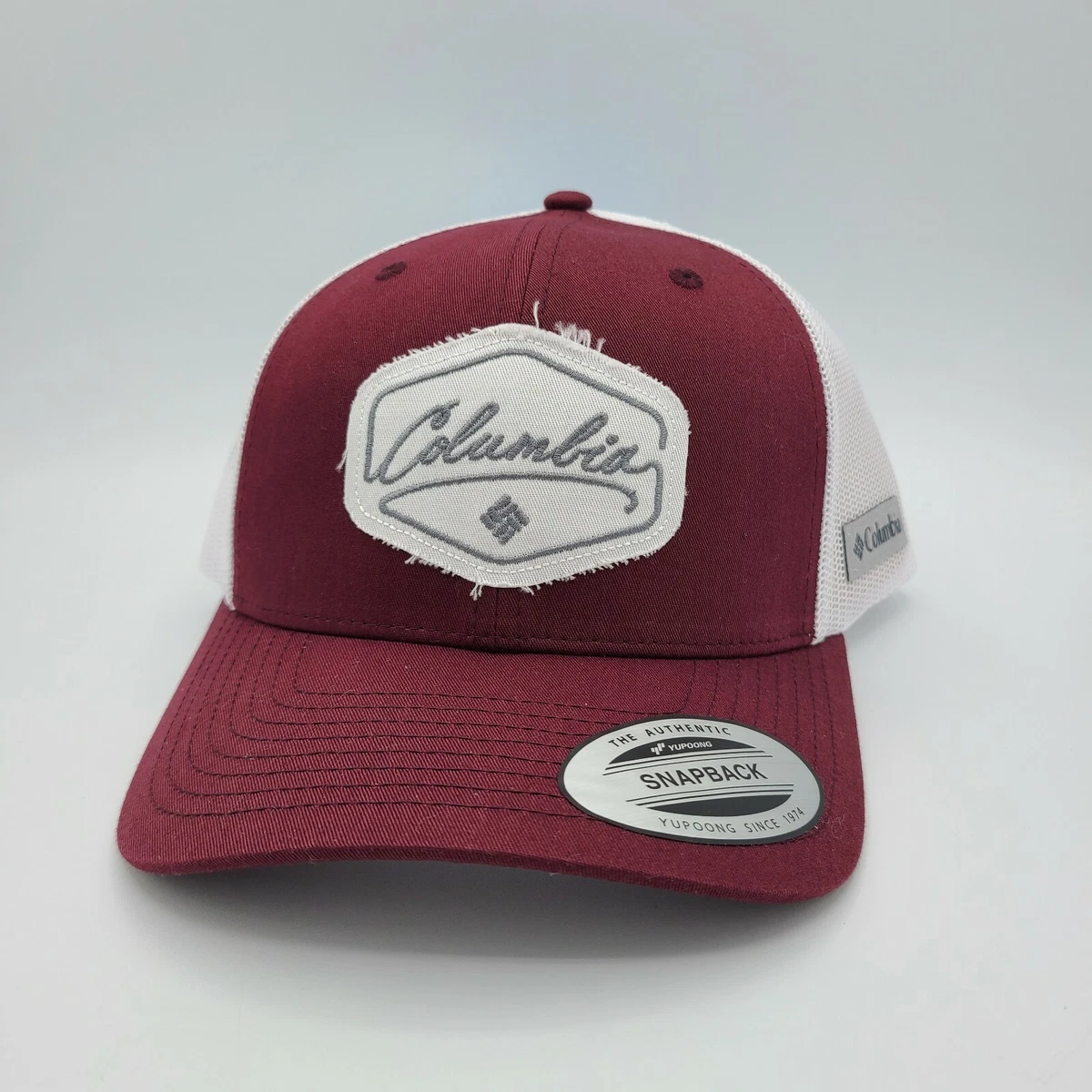 Columbia Hat Snapback Baseball Cap Burgundy White Sewn Patch Logo Mesh  Trucker