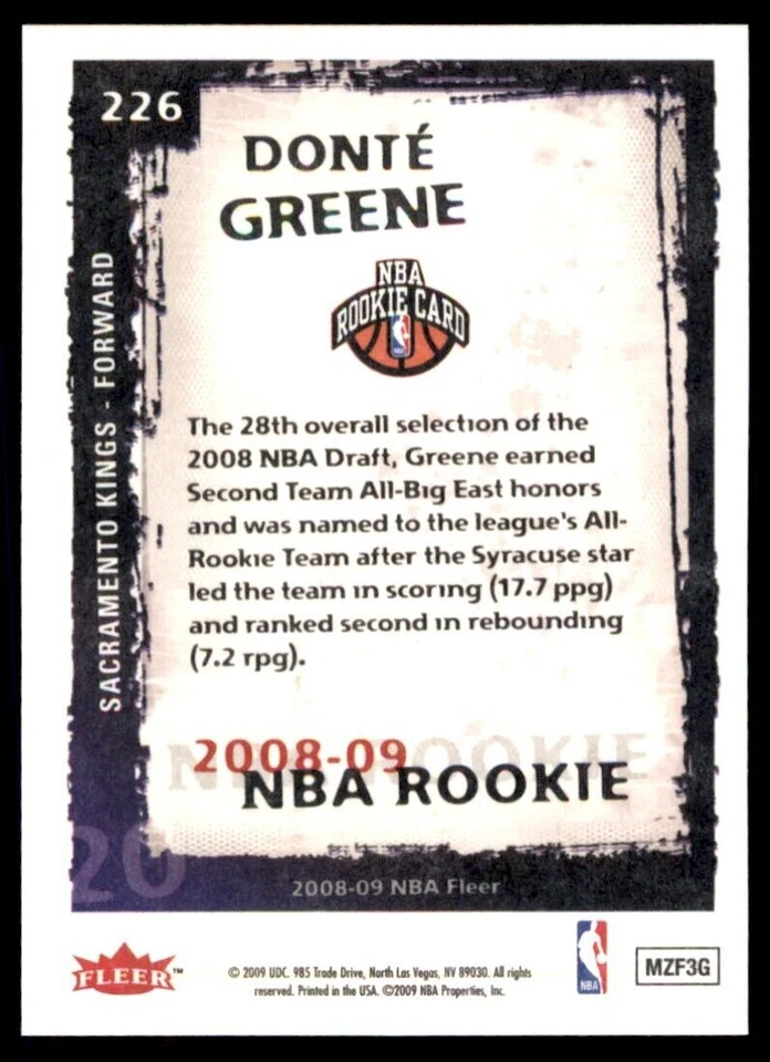 2008-09 Fleer Donte Greene RC Sacramento Kings #226 - Image 2 of 2