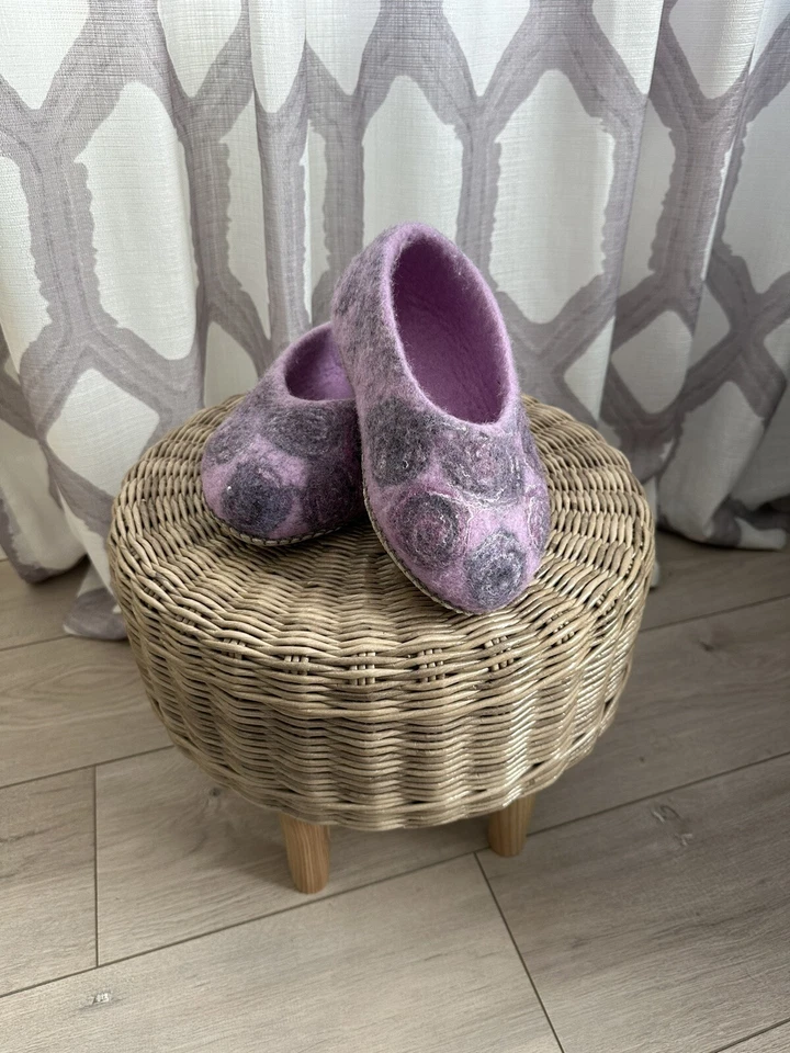 手工紫色羊毛家用拖鞋女式 US5-5.5 码 — 第 2/4 张图片