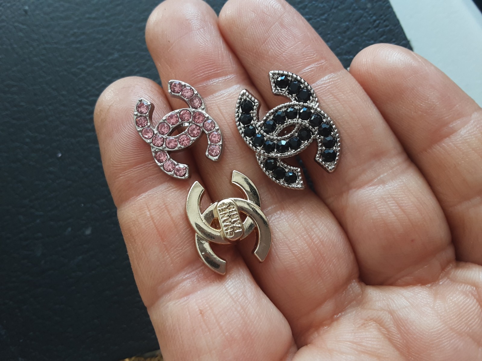 CHANEL Logo Buttons  Set Metal Crystal Gold Pink Black mix 3 pcs  thumbnail 2