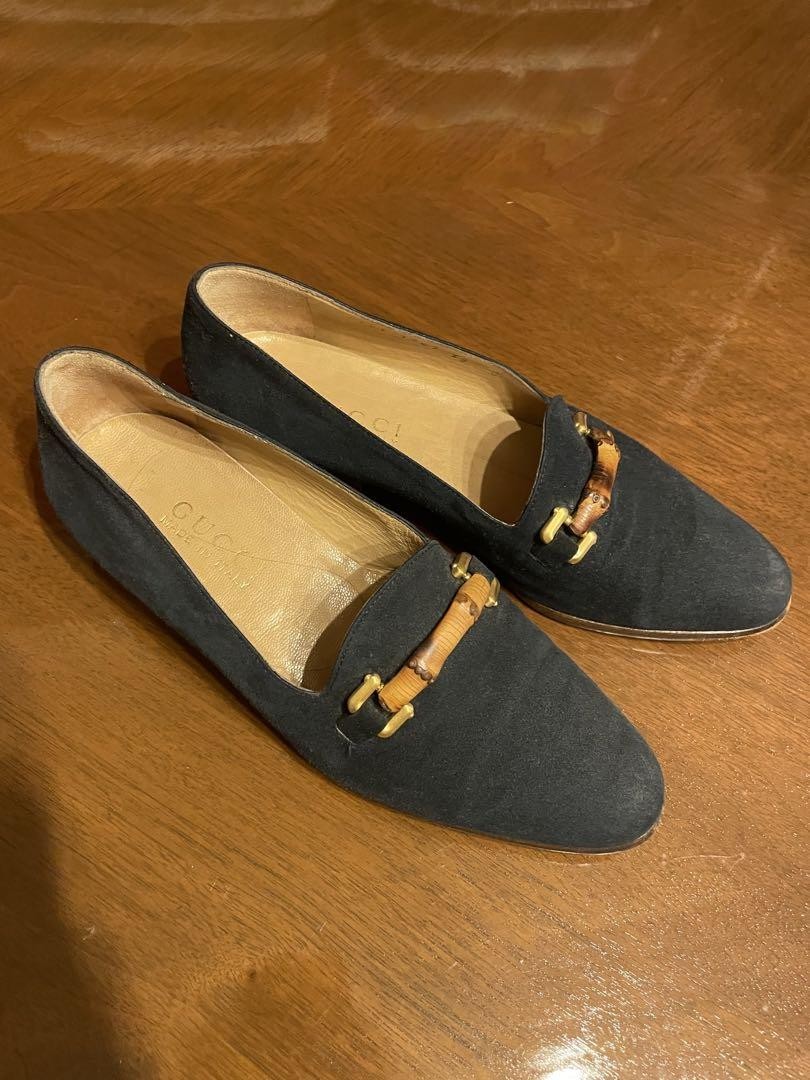 Gucci Bamboo Bit Loafers Shoes Navy Blue Suede Size 35 US