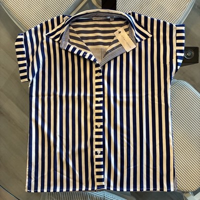 Notations Blouse Women s Medium Striped Button Short Sleeve Blue White NEW w TAG