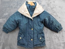 Mulberry Street Girls Jacket Girls 5/6 Teal Beige Quilted Hood Gold Buttons