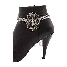 Women 2PCS Silver Metal Boot Chain Shoe Anklets Bling Fleur De Lis Charm Evening