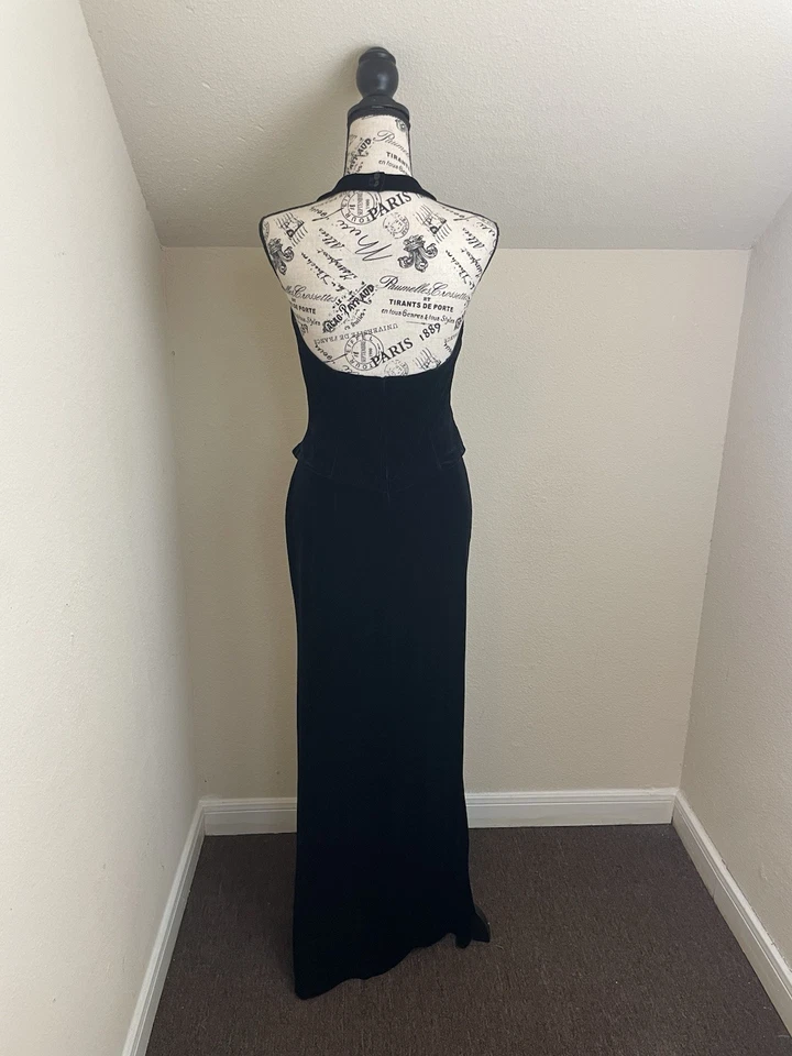 Vestido de Noche Halter Terciopelo Negro Años 90 McClintock Baile de graduación Plateado Glamour Formal Foto 2 de 4
