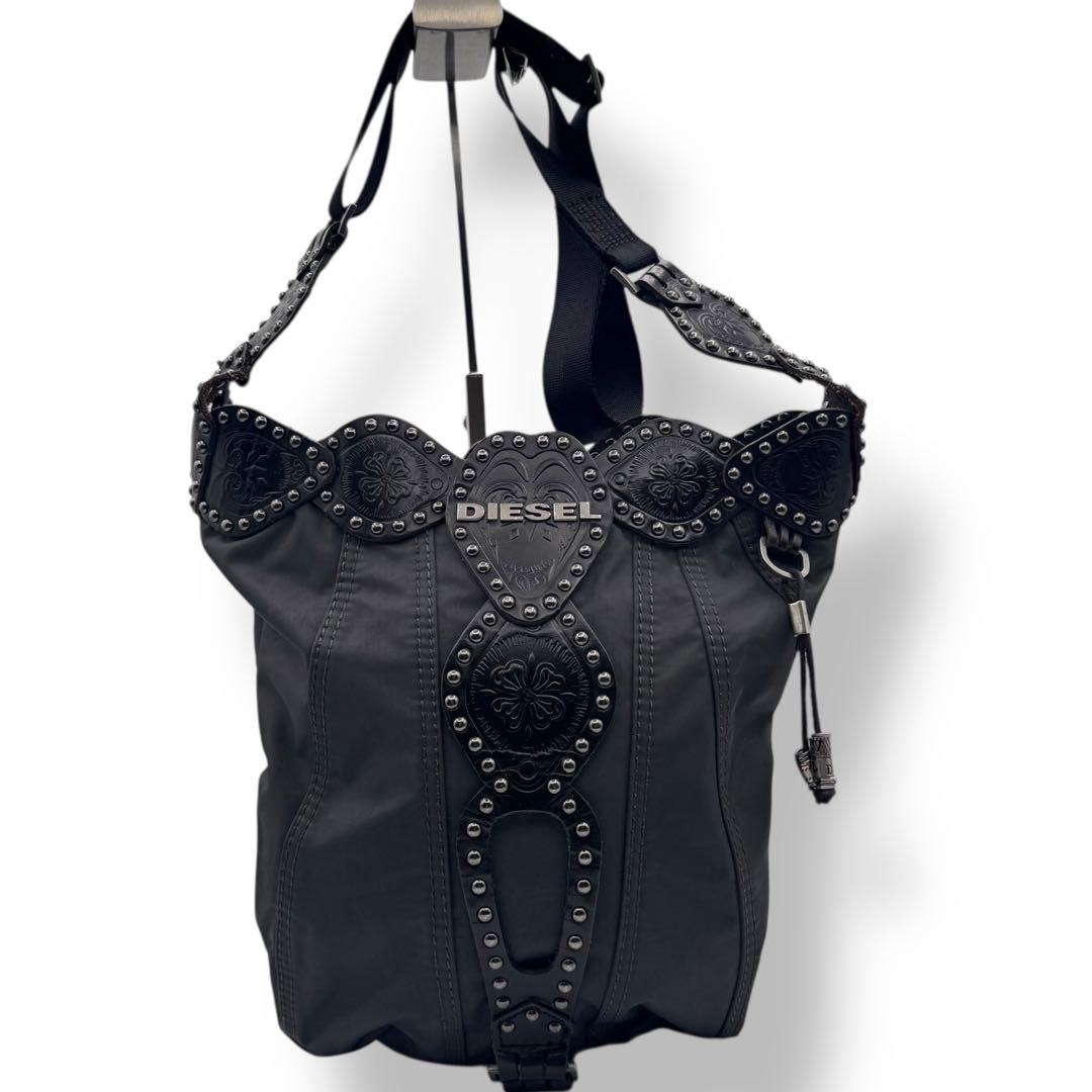 Diesel Y2K Black Leather Nylon Crossbody Bag Studded Diesel Y2K Black Leather Nylon Crossbody Bag Studded