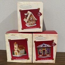 3 Hallmark Keepsake Ornament Gingerbread Cottage Light & Magic Toy Shop Church