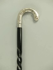 36  37" Black Wooden Spiral Walking Stick with Silver Designer Handle   Foldable