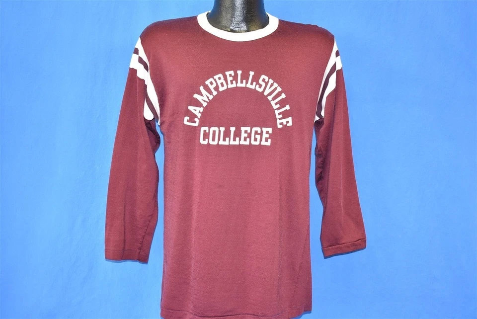 vintage 70s CAMPBELLSVILLE COLLEGE KY MAROON WHITE JERSEY VELVA SHEEN t-shirt M - Image 2 of 4