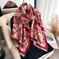 Oversized Red Beige Toile De Jouy Print Blanket Scarf Shawl Wrap Fringed Warm Gi
