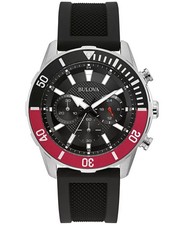 Bulova Men's Sport Chronograph GMT Red Black Silicone Quartz Watch 44MM 98A258