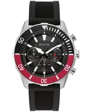 Bulova Men's Sport Chronograph GMT Red Black Silicone Quartz Watch 44MM 98A258