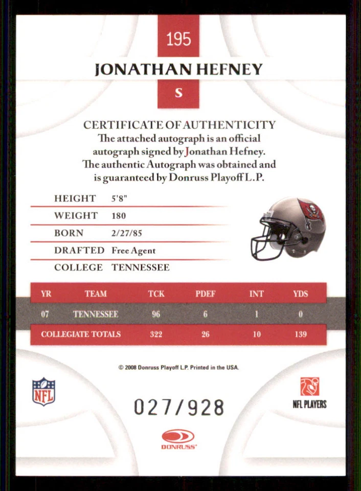 2008 Donruss Threads #195 Jonathan Hefney AUTO RC /928 - Image 2 of 2